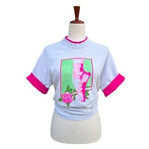 VTG 90s T-Shirt Size L Gray Hot Neon Pink Ballerina Shoes 1992 Rose Cottagecore